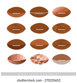 Illustration Collection of 12 Assorted Style of American Footballs Isolated on White Background.