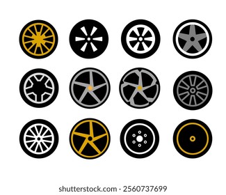 Illustration of collection of 12 stylized wheel rims designs in various colors and patterns, showcasing modern and classic automotive aesthetics