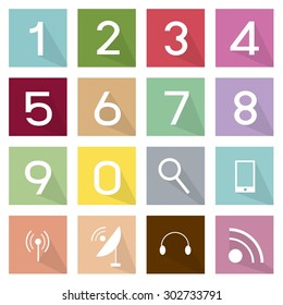 Illustration Collection of 16 Telecommunication and Numeric Flat Icons.
