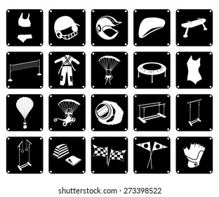 Illustration Collection of 20 Assorted Icon of Sport Equipments and Sport Gears in Black and White Colors.
