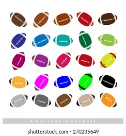 Illustration Collection of 25 Assorted Color American Footballs Isolated on White Background.
