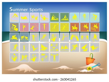 Illustration Collection of 41 Summer Sport Icons on Beach Background. 