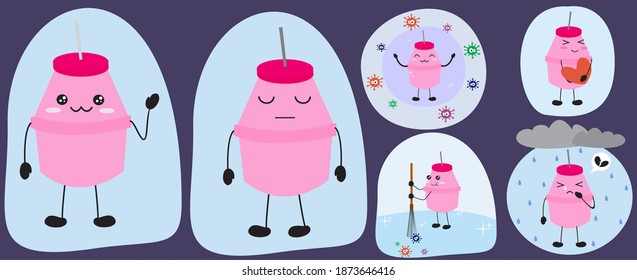 illustration of a collection of adorable and kawaii plastic bottle characters, vector animation. For background, wallpaper, printing. pink edition.