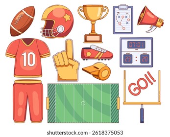 ilustração uma coleção de elementos e equipamentos do futebol americano. 
Possui futebol americano detalhado, capacete, troféu dourado, prancheta com estratégia tática, megafone, camisa, apito do árbitro