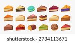 Illustration of collection of assorted cake slices and desserts in a clean colorful flat style. Sweet pastry assortment including cheesecake, chocolate cake, fruit cake, and rolls isolated on white background