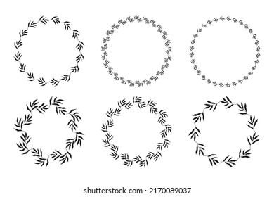 Ilustración de la colección de cuadros negros en forma de círculo variados hechos de plantas sobre fondo blanco aislado