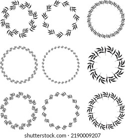 Ilustración de la colección de cuadros negros en forma de círculo variados hechos de plantas sobre fondo blanco aislado