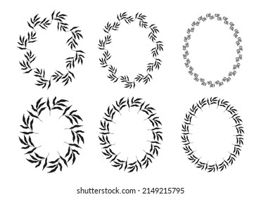 Illustration of collection of assorted oval shaped black frames made of plants on white isolated background
