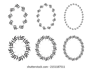 Illustration of collection of assorted oval shaped black frames made of plants on white isolated background