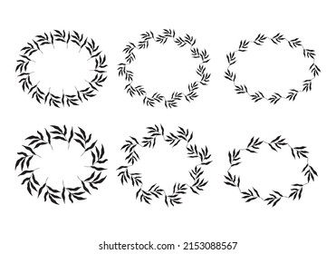 Illustration of collection of assorted oval shaped black frames made of plants on white isolated background