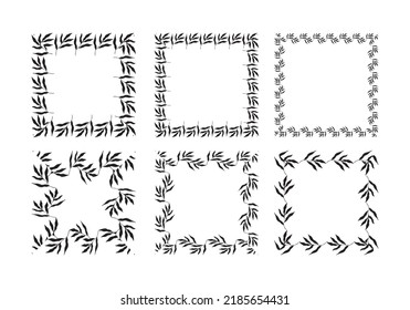 Illustration of collection of assorted square shaped black square frames made of plants on white isolated background