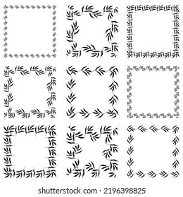 Illustration of collection of assorted square shaped black square frames made of plants on white isolated background