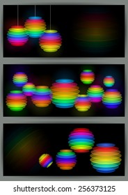 Illustration of collection of banners with abstract sliced transparent spheres in various colors 