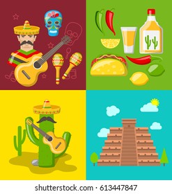 Illustration Collection Banners of Mexican Icons. Flat Style, Objects and Symbols for Cinco de Mayo - Vector