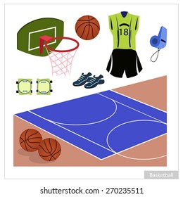 Illustration Collection of Basketball Accessory and Equipment, Hoop, Ball, Knee Protectors, Shoes, Uniform and Whistle.
