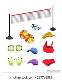 Illustration Collection of Beach Volleyball Accessory and Equipment, Leather Ball, Net, Wrist Protection, Sunglasses, Cap and Uniform Isolated on White Background.
