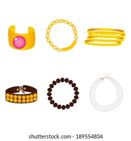 Illustration collection of beautiful gold, pearl and leather bracelet accessories