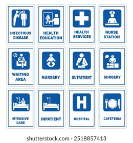 Ilustração Coleção de sinais de hospital azul e médico de diferentes departamentos em um hospital. Volume 01