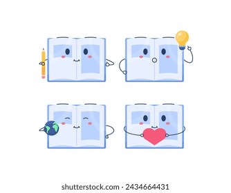 illustration collection of book characters. various expressions. book open. holding a heart, a pencil, and planet earth. cute and adorable. World Book Day. flat style illustration concept design