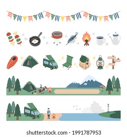 Illustration collection with camping-related items arranged in a line