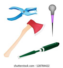 Illustration Collection of Carpenter Craft Tools, Axe, Eyelet Punch, Rasp and Awl Isolated on White Background