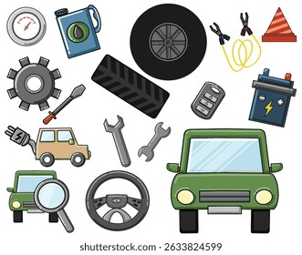 Illustration: A collection of cars and car parts.