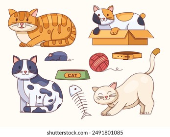 Illustration of a collection of cartoon cats in various playful poses. 
The set includes four different cats. Additionally, there are illustrations of two mice, a ball of yarn, a fishbone, and a bowl