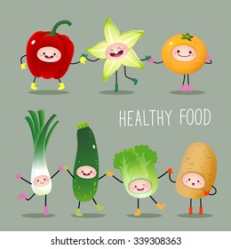 Illustration of collection of cartoon fruits and vegetables