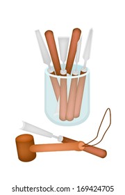 An Illustration Collection of Carving Tools in A Glass Jar, Used To Cut and Sculpt A Piece of Wood or Stone for Create A Sculpture Isolated on White Background. 