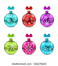 Illustration Collection Christmas Colorful Glassy Balls with Texture of Snowflakes, Isolated on White Background - Vector