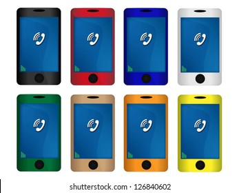 An Illustration Collection of Colorful Cellular Phone or Mobile Smart Phone in Eight Assorted Colors