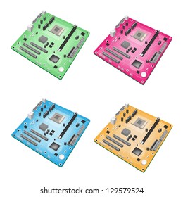 An Illustration Collection of Colorful Computer Mother Board or Computer Main board in Four Assorted Colors, Green, Pink, Blue and Yellow