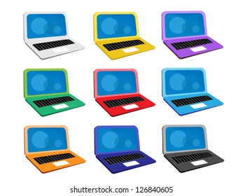 An Illustration Collection of Colorful Computer Notebook Icon or Laptop Icon in Nine Assorted Colors