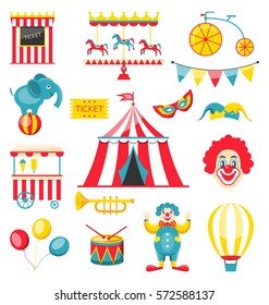 Illustration Collection Colorful Elements for Circus and Carnival, Set Objects Isolated on White Background - Vector