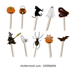 An Illustration Collection Colorful of Halloween Evil and Halloween Item on Wooden Sticks for Halloween Celebration. 
