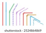 An illustration of a collection of colorful plastic drinking straws with various designs, including striped, bendable, and straight, on a white background.