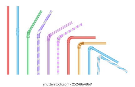 Uma ilustração de uma coleção de palhas de beber de plástico colorido com vários desenhos, incluindo listrado, dobrável e reto, em um fundo branco.