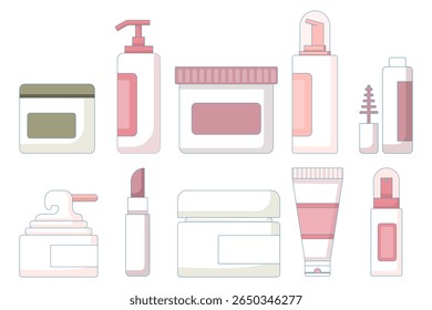 Illustration Collection of cosmetic packaging. Tubes, sprays, jars and cosmetic packaging. Cosmetic bottles and tubes, jars for skin care with face, hair and body creams.