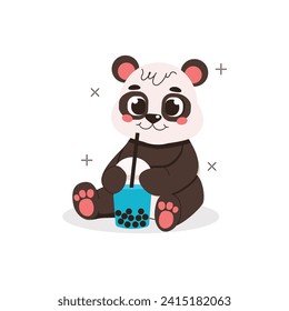 Illustration from a collection of cute animals. Panda sits and drinks a drink with bubbles. Vector graphic.