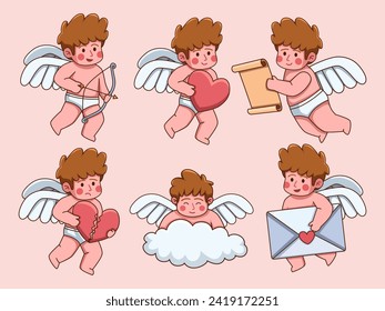 Illustration a collection of cute and charming Cupid illustrations, each adorned with bows, arrows, and love-themed elements. Perfect for adding a romantic flair to your Valentine's Day creations.