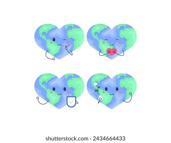 illustration collection of cute earth planet characters. various expressions. The earth is heart shaped. holding a heart, a flower, and a shield. Earth Day. flat style illustration concept design