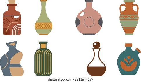 Illustration collection of decorative ceramic vases, bottles, jugs, and decanters featuring geometric, floral, rustic, and handcrafted patterns. Ideal for home decor branding, pottery shops, interior design, packaging, catalogs, and artisan craft projects.
