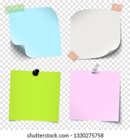 illustration of an collection of different sticky papers with pin needle or adhesive stripes office accessories with transparency effect in vector file