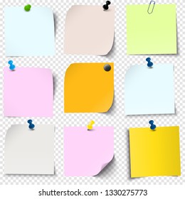 illustration of an collection of different sticky papers with pin needle or adhesive stripes office accessories with transparency effect in vector file