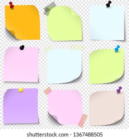 illustration of an collection of different sticky papers with pin needle or adhesive stripes office accessories with transparency effect in vector file