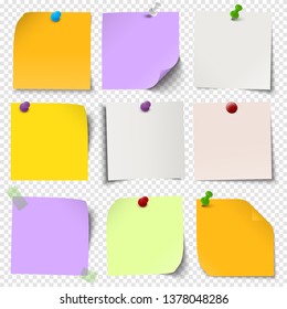 illustration of an collection of different sticky papers with pin needle or adhesive stripes office accessories with transparency effect in vector file