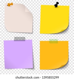 illustration of an collection of different sticky papers with pin needle or adhesive stripes office accessories with transparency effect in vector file