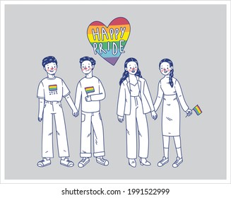 Illustration collection of different types of romantic relationships and marriage of lgbt couples. Flat vector of gay lovers be together, dating, doing activity or pride month marching.