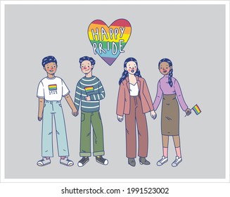 Illustration collection of different types of romantic relationships and marriage of lgbt couples. Flat vector of gay lovers be together, dating, doing activity or pride month marching.