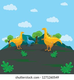 Illustration of a collection of dinosaurs gathered, with a background of mountains and clear skies